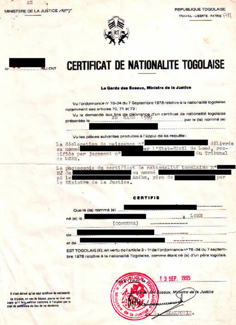 certificat nationalité togolaise